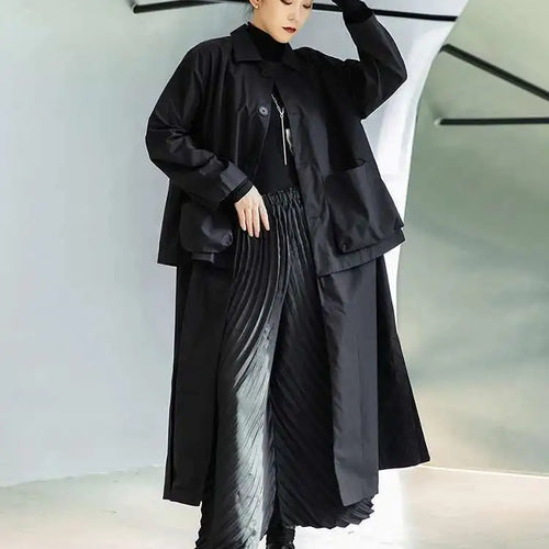 Load image into Gallery viewer, Women Black Big Size Long Pocket Trench New Lapel Long Sleeve Loose Fit Windbreaker Fashion Spring Autumn 2025 1DE3081
