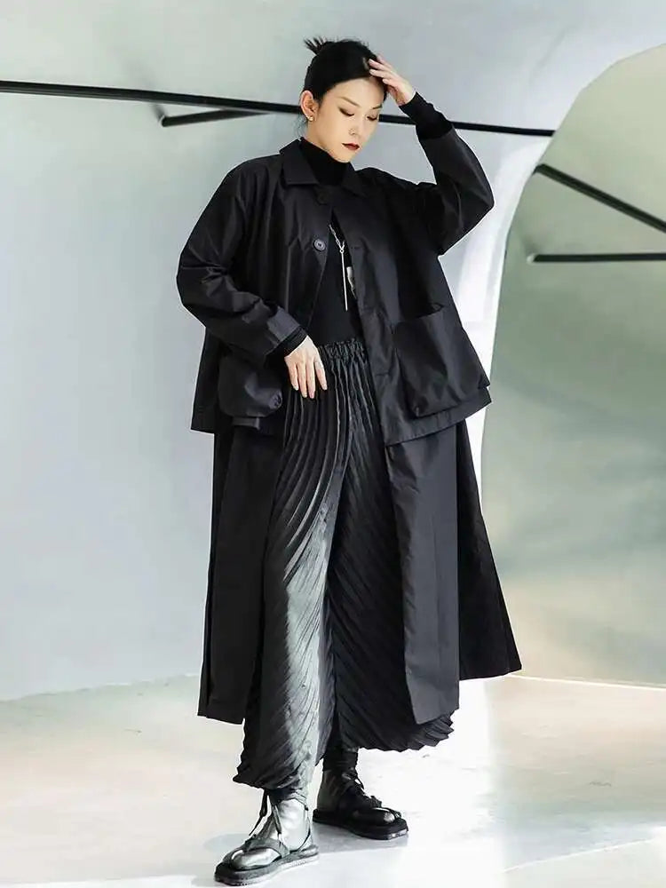 Women Black Big Size Long Pocket Trench New Lapel Long Sleeve Loose Fit Windbreaker Fashion Spring Autumn 2025 1DE3081