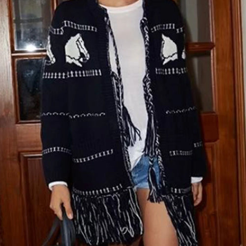 Load image into Gallery viewer, Hit Color Spliced Tassels Fashion Cardigans for Women O Neck Long Sleeves Patchwork Pockets Cardigan Female Clothes
