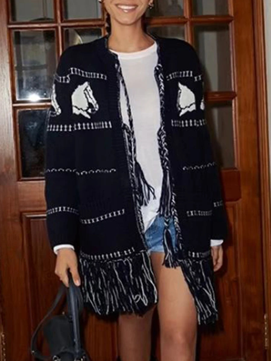 Hit Color Spliced Tassels Fashion Cardigans for Women O Neck Long Sleeves Patchwork Pockets Cardigan Female Clothes