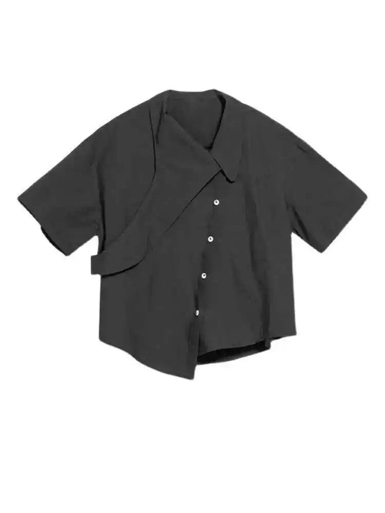 Women Black Irregular Big Size Casual Blouse New Lapel Short Sleeve Loose Fit Shirt Fashion Spring Summer 2025 1DE8726