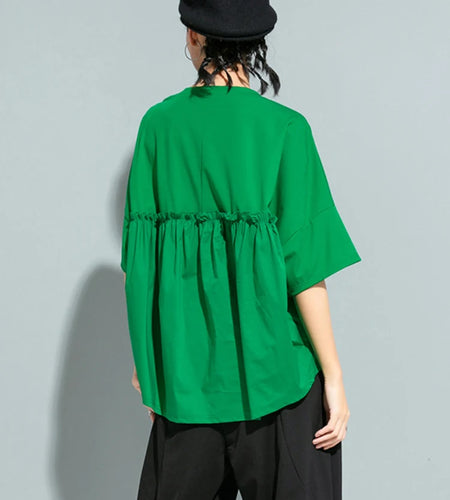 Women Green Red Back Ruffles Split Big Size T-shirt New Round Neck Half Sleeve Fashion Tide Spring Summer 2025 1U507
