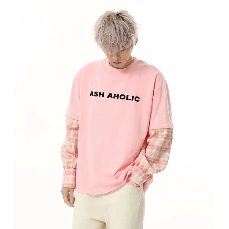 Men's T-shirts New Korean Style Letter Printed Splicing Detachable Plaid Half Sleeve Fashion Causal Menwear Summer 9W1842