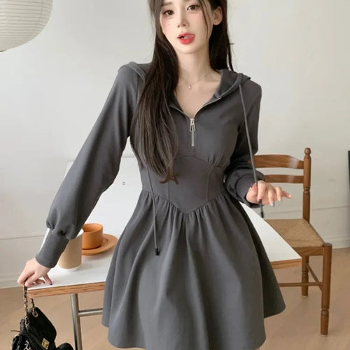 Load image into Gallery viewer, Autumn Korean Style Zipper Hooded Dress Women Kpop Wrap Long Sleeve Mini Short Dresses Fashion
