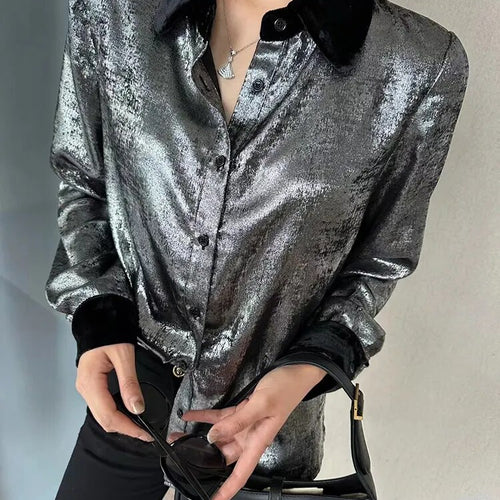 Load image into Gallery viewer, Colorblock Patchwork Single Breasted Loose Shirts For Women Lapel Long Sleeve Elegant Shirt Female Fashion Clothing
