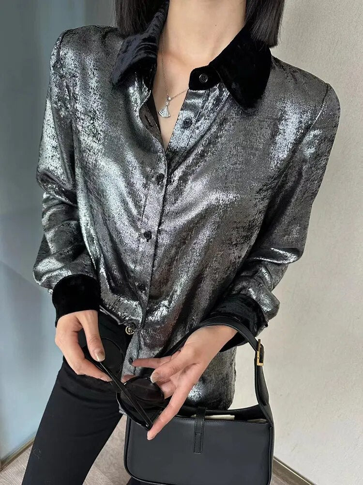 Colorblock Patchwork Single Breasted Loose Shirts For Women Lapel Long Sleeve Elegant Shirt Female Fashion Clothing