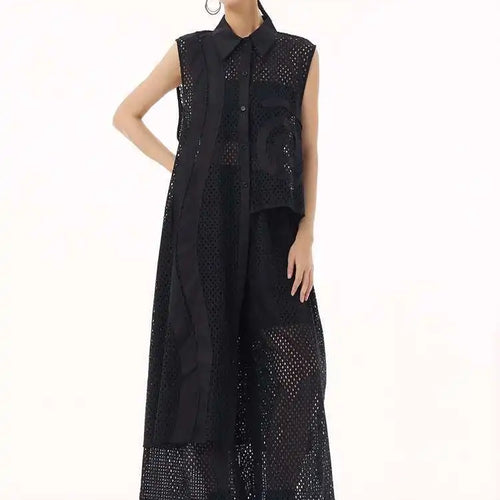 Load image into Gallery viewer, Women White Hollow Out Big Size Long Elegant Shirt Dress New Lapel Sleeveless Fashion Tide Spring Autumn 2025 1DH9424
