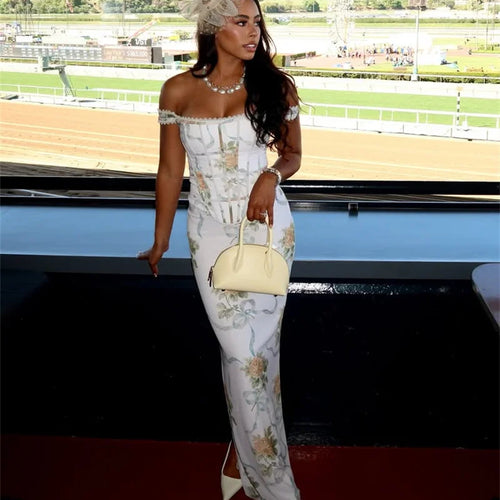 Load image into Gallery viewer, Vintage Print Sexy Maxi Dress Women Gown Summer Off-shoulder Sleeveless Backless Bodycon Club Party Long Dress Elegant
