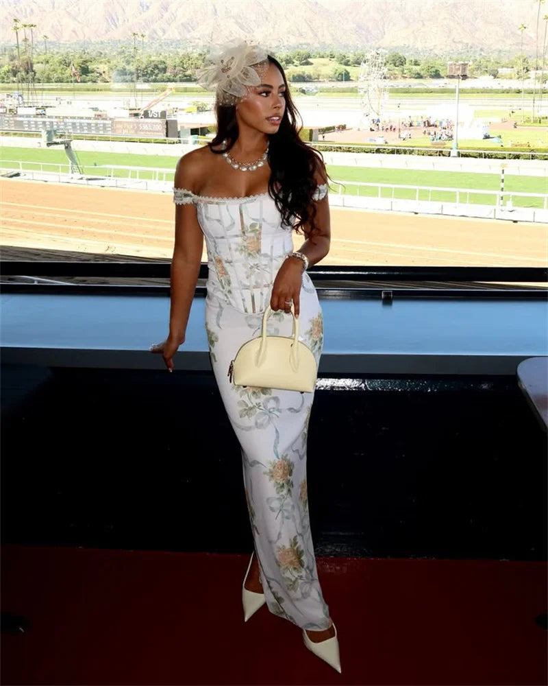 Vintage Print Sexy Maxi Dress Women Gown Summer Off-shoulder Sleeveless Backless Bodycon Club Party Long Dress Elegant