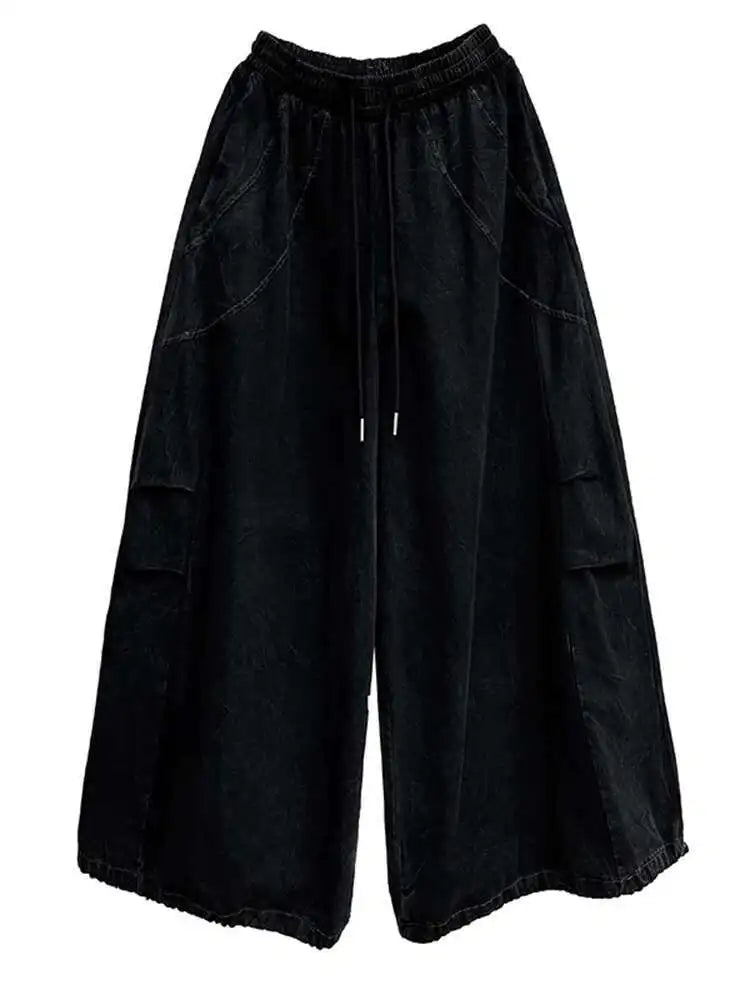 High Elastic Waist Yellow Pocket Drawstring Long Wide Leg Pants New Trousers Women Fashion Tide Spring Autumn 2025 1DH9933