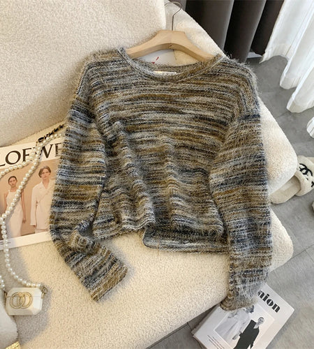 Autumn Winter Vintage O-neck Long Sleeve Casual Mink Striped Patchwork Sweater Women Knitted Pullovers Short Top Boho French Y2k