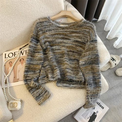 Load image into Gallery viewer, Autumn Winter Vintage O-neck Long Sleeve Casual Mink Striped Patchwork Sweater Women Knitted Pullovers Short Top Boho French Y2k
