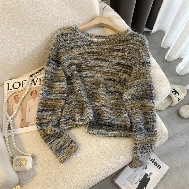 Autumn Winter Vintage O-neck Long Sleeve Casual Mink Striped Patchwork Sweater Women Knitted Pullovers Short Top Boho French Y2k