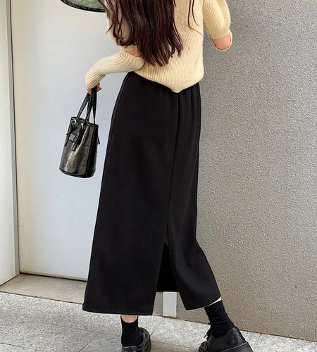 Autumn Brown Woolen Straight Long Skirts Women Black Casual Elegant Females Warm A-line Elastic High Waist Skirt Korean Fashion