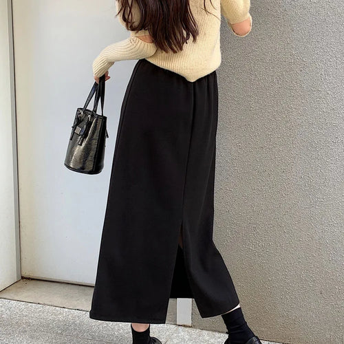 Load image into Gallery viewer, Autumn Brown Woolen Straight Long Skirts Women Black Casual Elegant Females Warm A-line Elastic High Waist Skirt Korean Fashion
