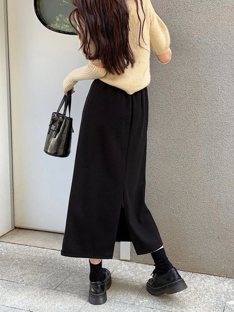 Autumn Brown Woolen Straight Long Skirts Women Black Casual Elegant Females Warm A-line Elastic High Waist Skirt Korean Fashion