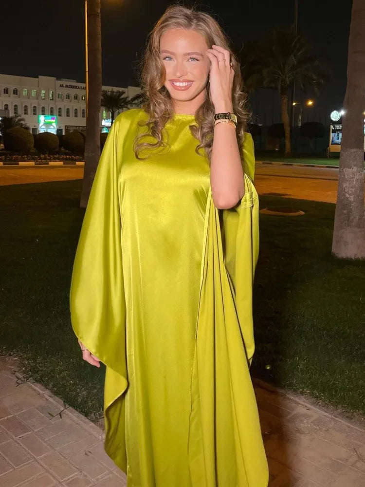 Fashion Satin Long Sleeved Large Opening Long Dress Women Slim Round Neck Robe Dress Female Elegant Party Evening Dress