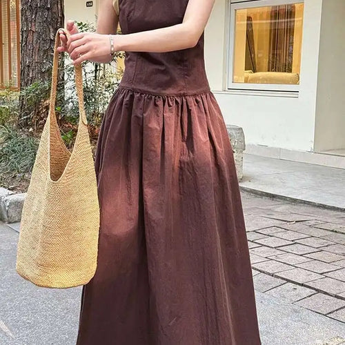 Load image into Gallery viewer, Women Coffee Color-block Elegant Long Vest Dress New Round Neck Sleeveless Fashion Tide Spring Summer 2025 1DJ0743
