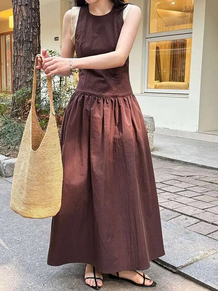 Women Coffee Color-block Elegant Long Vest Dress New Round Neck Sleeveless Fashion Tide Spring Summer 2025 1DJ0743