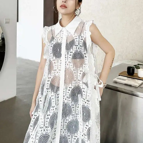 Load image into Gallery viewer, Women White Lace Perspective Ruffles Big Size Shirt Dress New Lapel Sleeveless Fashion Tide Spring Summer 2025 1DH6069
