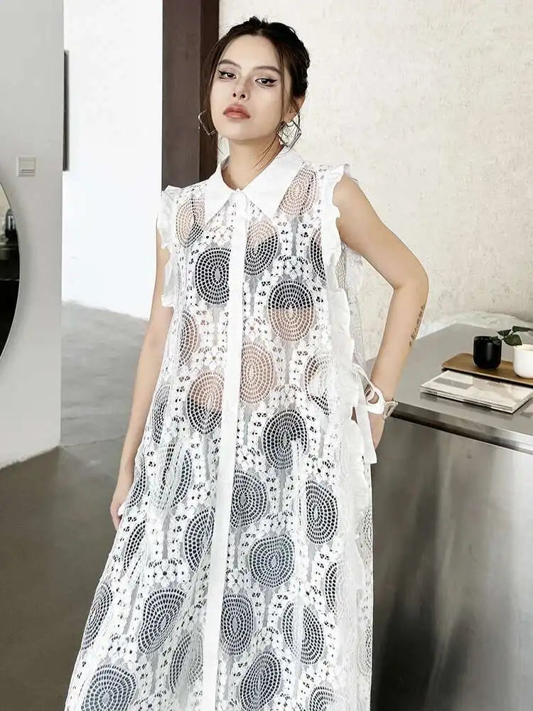 Women White Lace Perspective Ruffles Big Size Shirt Dress New Lapel Sleeveless Fashion Tide Spring Summer 2025 1DH6069