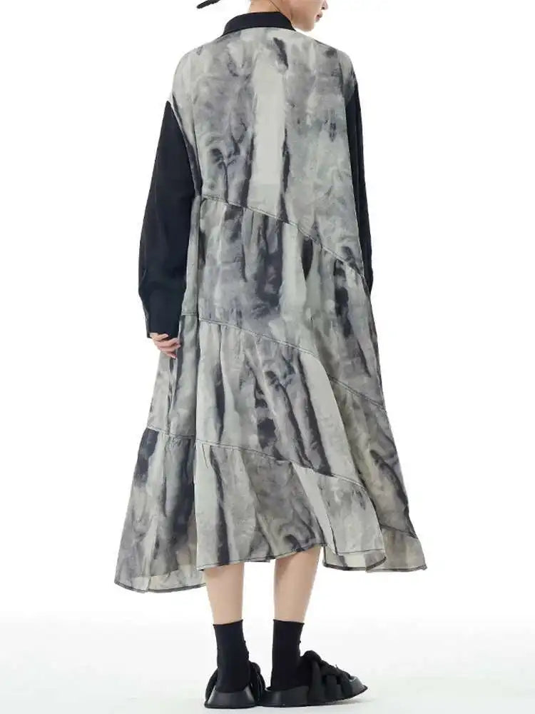 Women Black Pattern Printed Big Size Midi Shirt Dress New Lapel Long Sleeve Fashion Tide Spring Autumn 2025 1DH4765