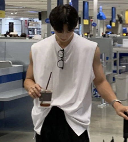 Simple Male Sports Tank Tops O-neck Sleeveless Loose Men's Clothing Solid Color Casual Top Summer Trend 9C6351