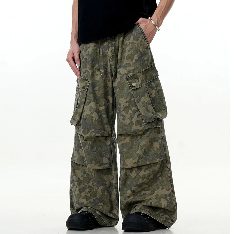 Men's Cargo Pants New American Style Loose Trendy Multi Pockets Straight Wide Leg Casual Male Summer Trousers 9W1731