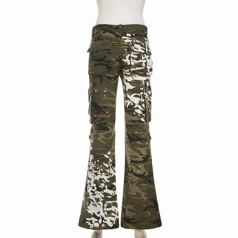 Vintage Low Wasit Camouflage Flared Jeans Women Tie Dye Big Pockets Full Lenght Denim Trousers Y2K Streetwear Bottoms