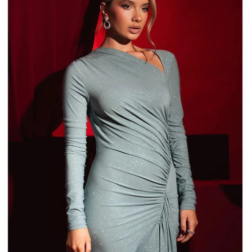 Load image into Gallery viewer, Elegant Long Sleeve Elastic Tight Irregular Party Evening Dress Women Winter New 2025 Bodycon Vestdos Maxi Slim Dress
