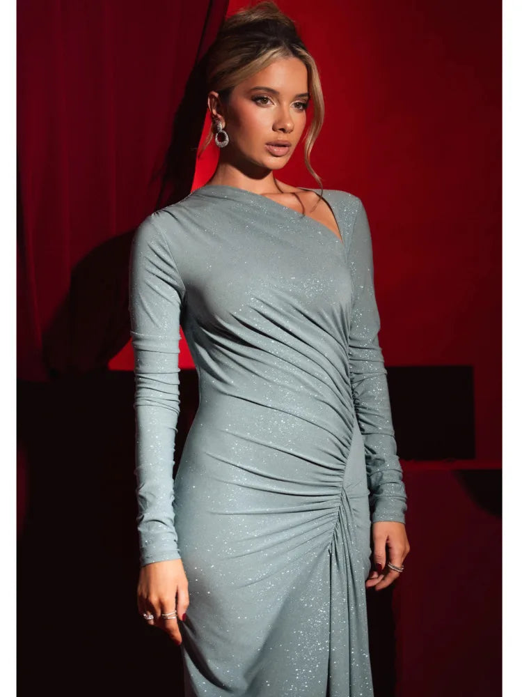 Elegant Long Sleeve Elastic Tight Irregular Party Evening Dress Women Winter New 2025 Bodycon Vestdos Maxi Slim Dress