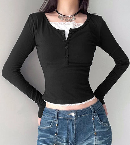 Casual Lace Patched Slim Autumn T-shirts for Women Korean Fashion Basic Crop Top Tee Buttons Long Sleeve Cute Outfits