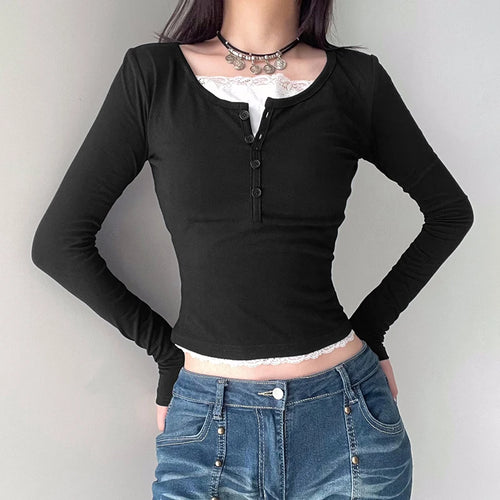 Load image into Gallery viewer, Casual Lace Patched Slim Autumn T-shirts for Women Korean Fashion Basic Crop Top Tee Buttons Long Sleeve Cute Outfits
