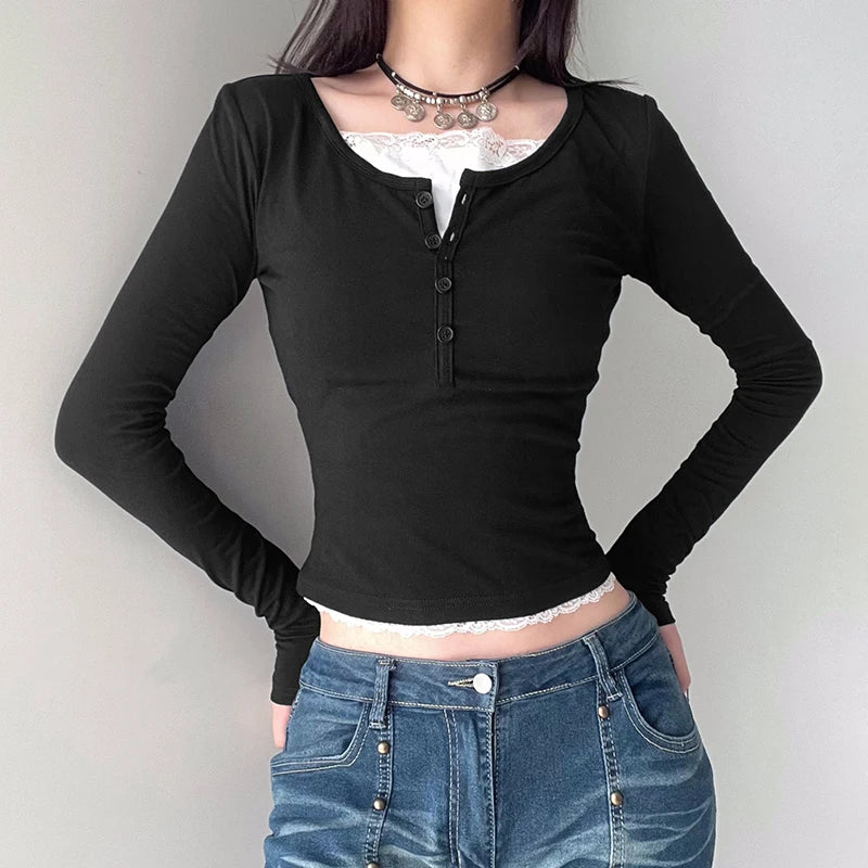 Casual Lace Patched Slim Autumn T-shirts for Women Korean Fashion Basic Crop Top Tee Buttons Long Sleeve Cute Outfits