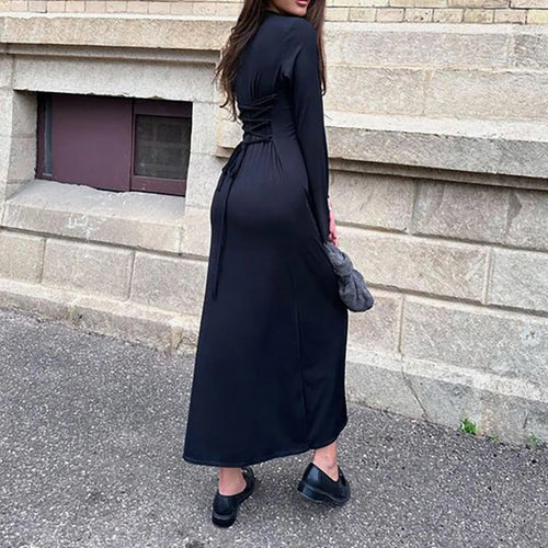 Load image into Gallery viewer, Fashion Elegant Knit Maxi Dress Frill Knit Solid Flare Sleeve Autumn Dress Ladies Basic Lace Up A-Line Long Outfits
