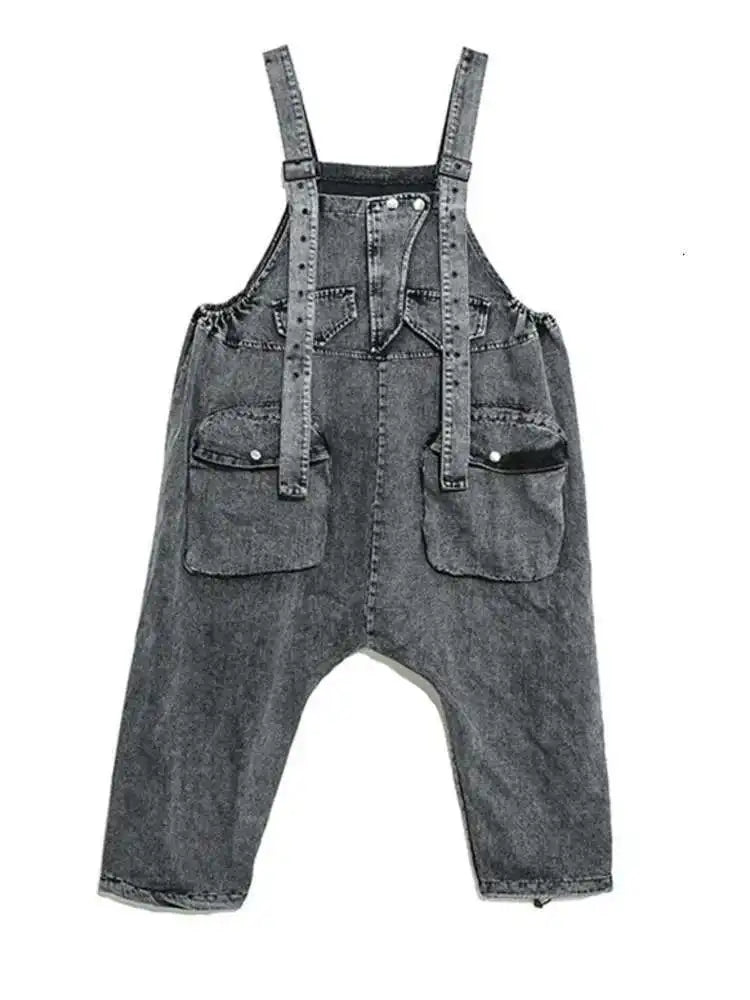 High Waist Black Pockets Denim Big Size Overalls Trousers New Loose Fit Pants Women Fashion Tide Spring Autumn 2025 1K164