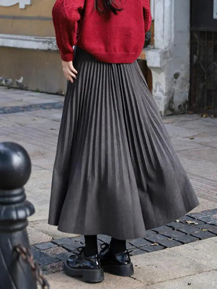 Autumn Winter Korean Fashion Solid Simple Pleated Long Skirt Women's 2024 Elegant High Waist Festival Woolen Skirt Trend Popular
