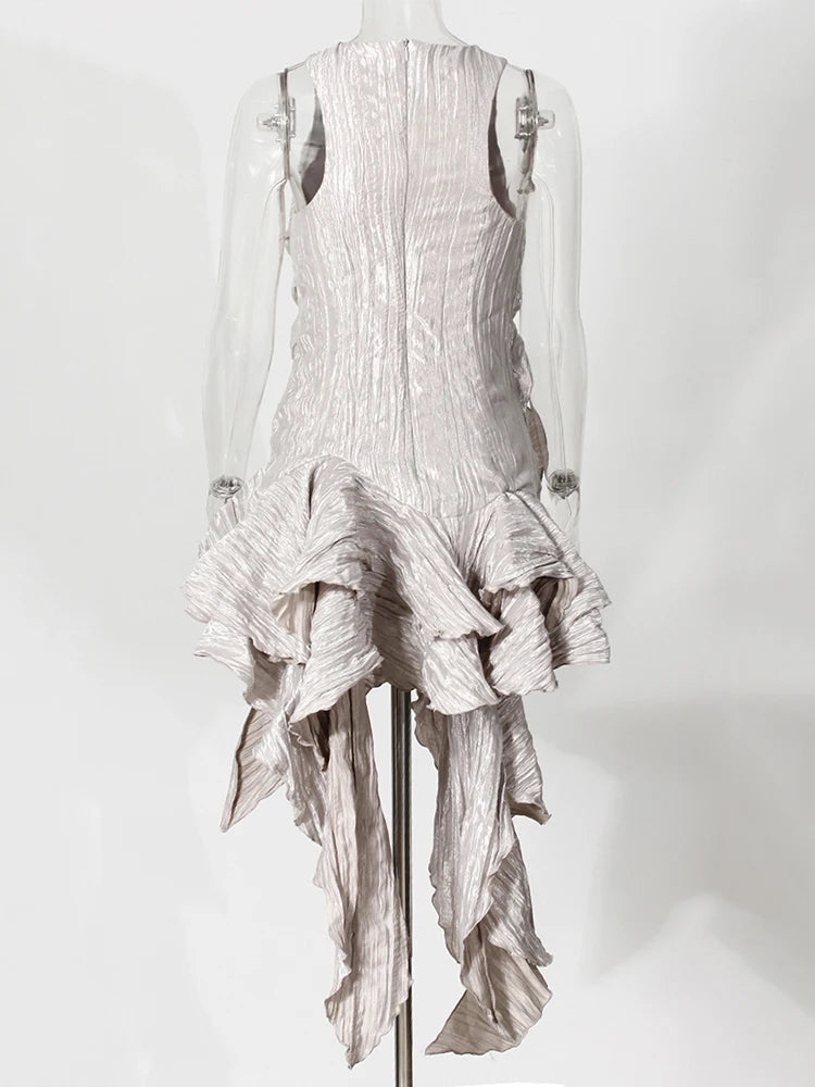 Women Silver Gray Textured Pleated Ruffles Vest Dress New Round Neck Sleeveless Fashion Tide Spring Summer 2025 7AB9278