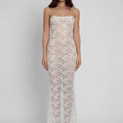 Load image into Gallery viewer, Lace See Through Sexy Midi Dress For Women Fashion Off-shoulder Strapless Sleeveless Backless Bodycon Club Party Dress
