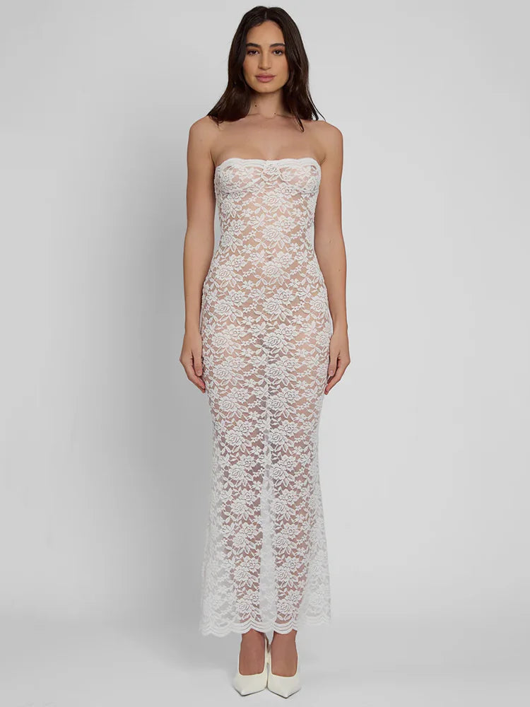 Lace See Through Sexy Midi Dress For Women Fashion Off-shoulder Strapless Sleeveless Backless Bodycon Club Party Dress