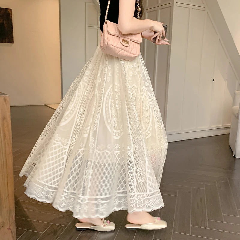 Spring Summer French Fashion Vintage Black White Lace Slim Holiday Long Skirt Women Beige High Waist Elegant Party Pleated Skirt