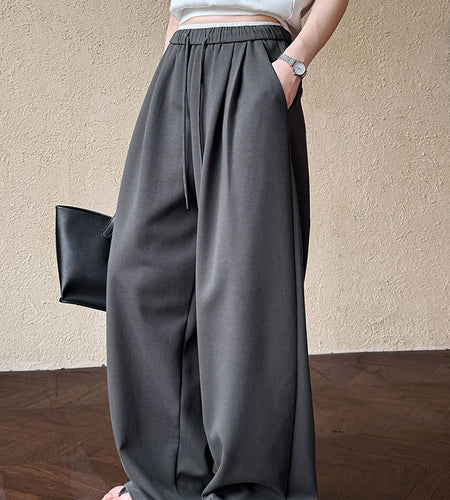 High Elastic Waist Gray White Color-block Long Wide Leg Pants New Trousers Women Fashion Tide Spring Autumn 2025 1DJ0929