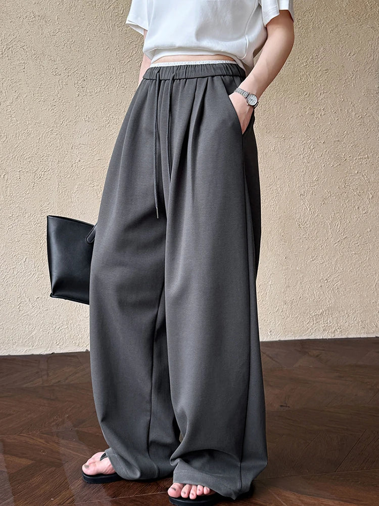 High Elastic Waist Gray White Color-block Long Wide Leg Pants New Trousers Women Fashion Tide Spring Autumn 2025 1DJ0929