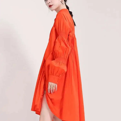 Load image into Gallery viewer, Women Blue Irregular Pleated Big Hem Shirt Dress New Stand Neck Long Sleeve Loose Fashion Tide Spring Autumn 2025 1DF9549
