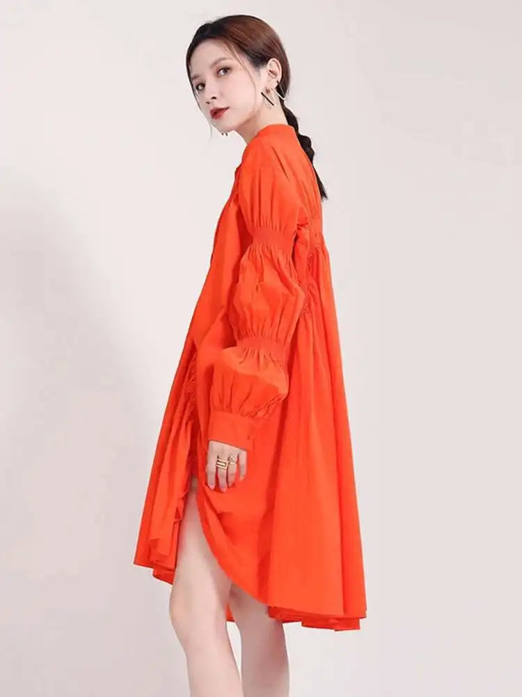 Women Blue Irregular Pleated Big Hem Shirt Dress New Stand Neck Long Sleeve Loose Fashion Tide Spring Autumn 2025 1DF9549