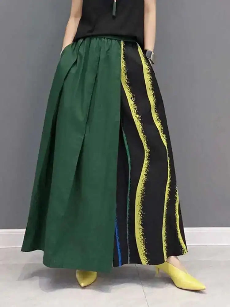 Women Green Striped Color-block Wide Leg Pants High Elastic Waist New Loose Trousers Fashion Spring Autumn 2025 1DF9205