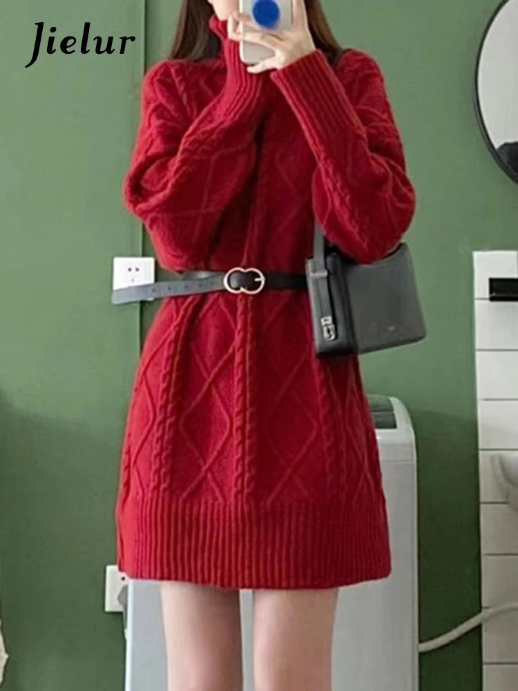 Red Knitted Winter Fashion Women's Dresses Solid Color Belt Elegant Half High Collar Casual Female Dress Party Club