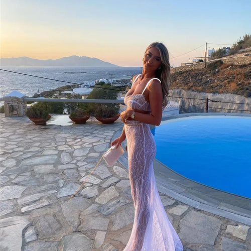 Load image into Gallery viewer, See Through Lace Two Piece Skirt Sets Women Crop Top And Maxi Skirt Sets Elegant Party Beach Sexy Two Piece Set
