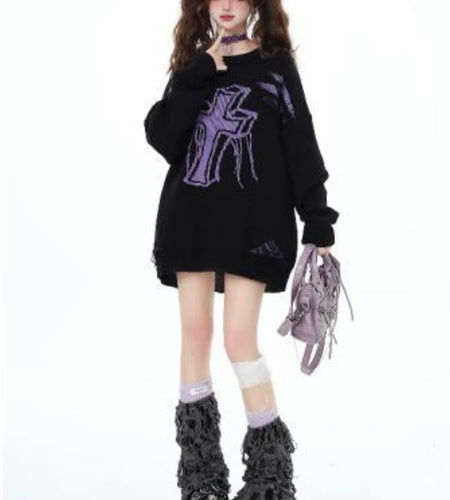 Harajuku Vintage Jacquard Knitted Sweater Women Causal Loose Y2k Aesthetic Pullover 2025 Antumn Hollow Out Tassels Jumpers Tops