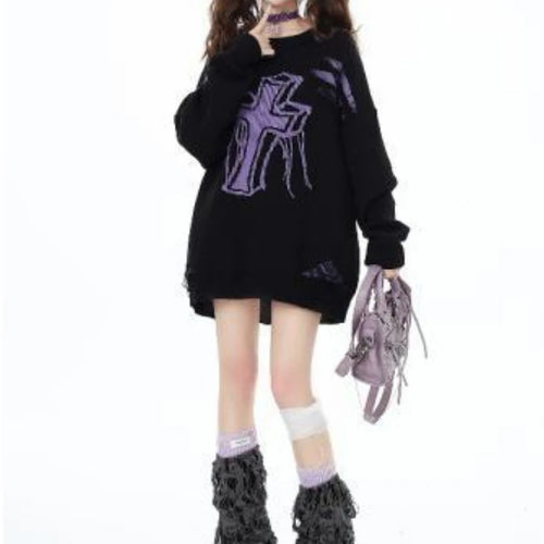 Load image into Gallery viewer, Harajuku Vintage Jacquard Knitted Sweater Women Causal Loose Y2k Aesthetic Pullover 2025 Antumn Hollow Out Tassels Jumpers Tops
